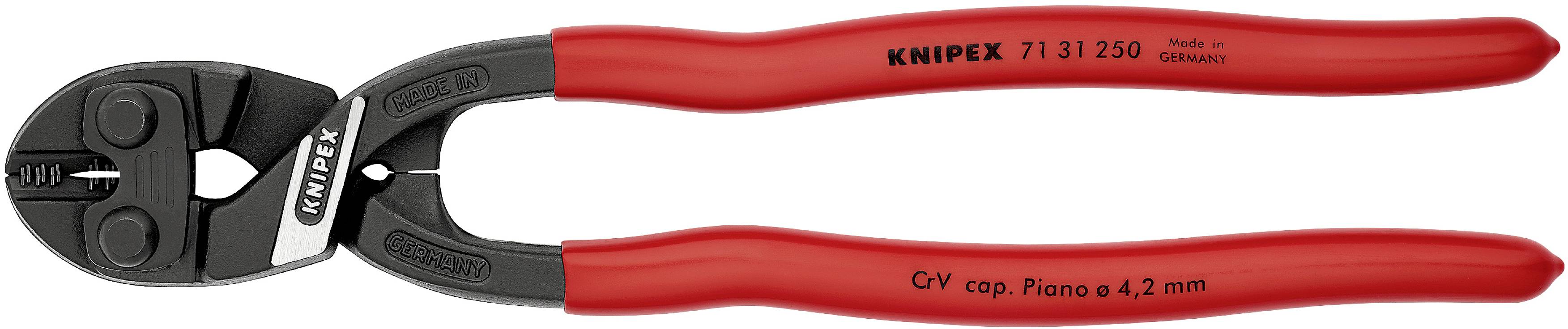 'Knipex 71 31 250' Cable Cutters with red and black handles, suitable for wire diameters up to 4.2 mm, Made in Germany.