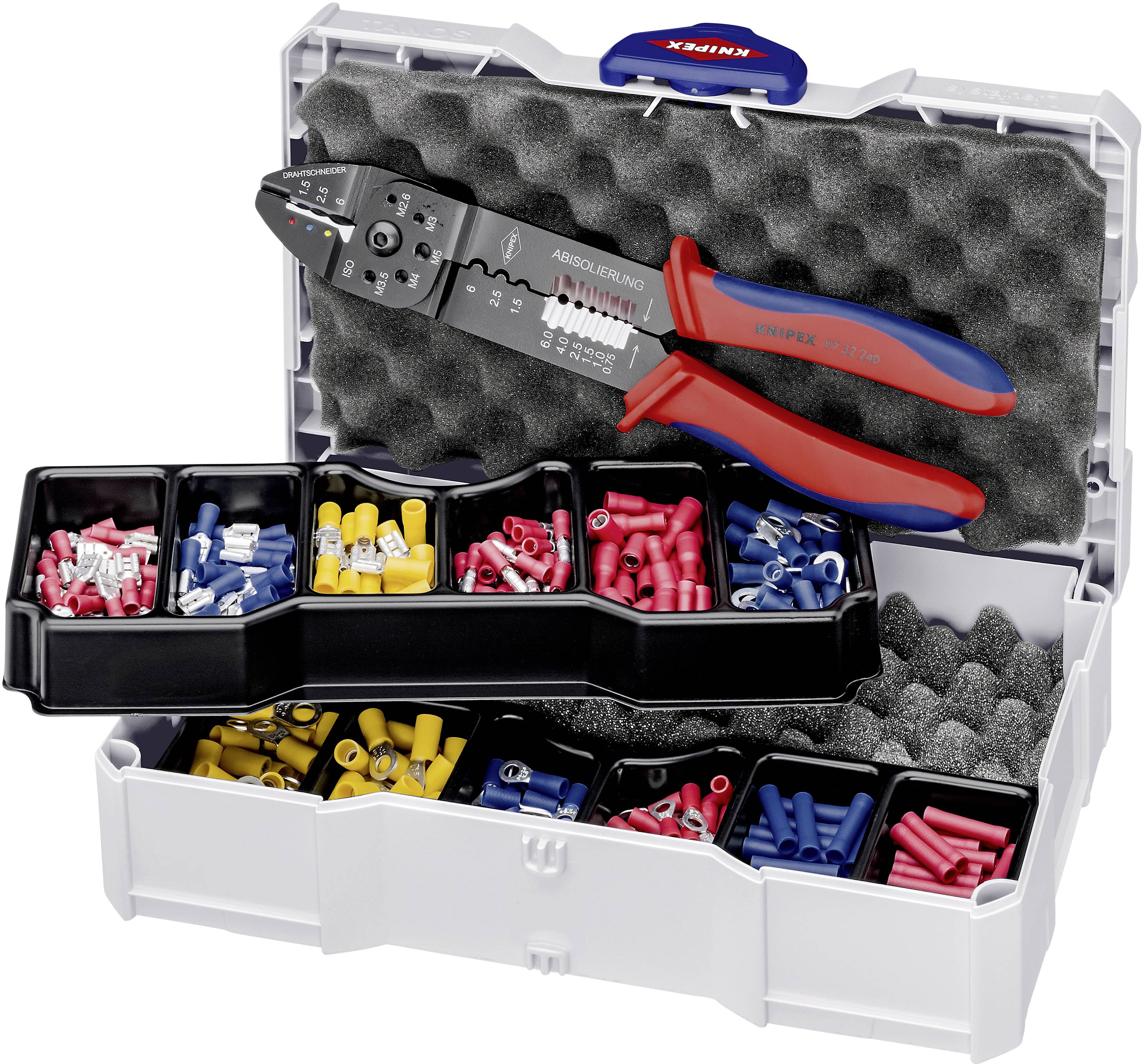 An open toolbox containing a crimping plier and various coloured cable shoes in compartments for electrical work.