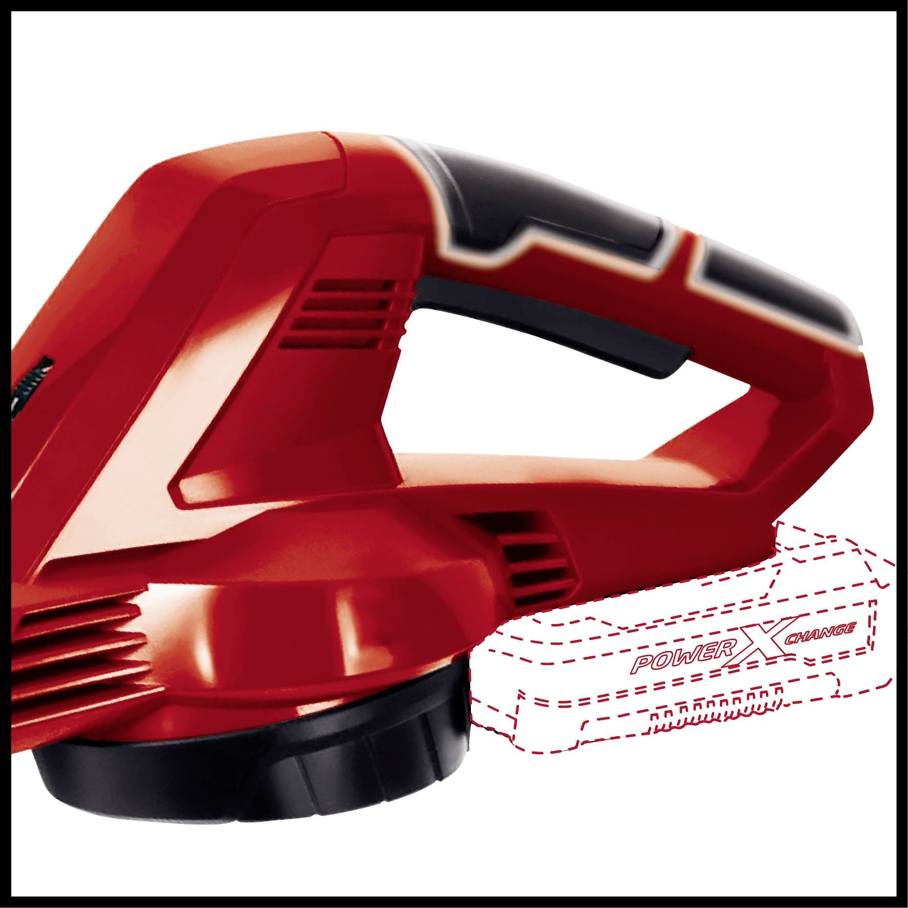 Battery-powered red lawn trimmer with ergonomic handle, removable battery and rotating cutting head.