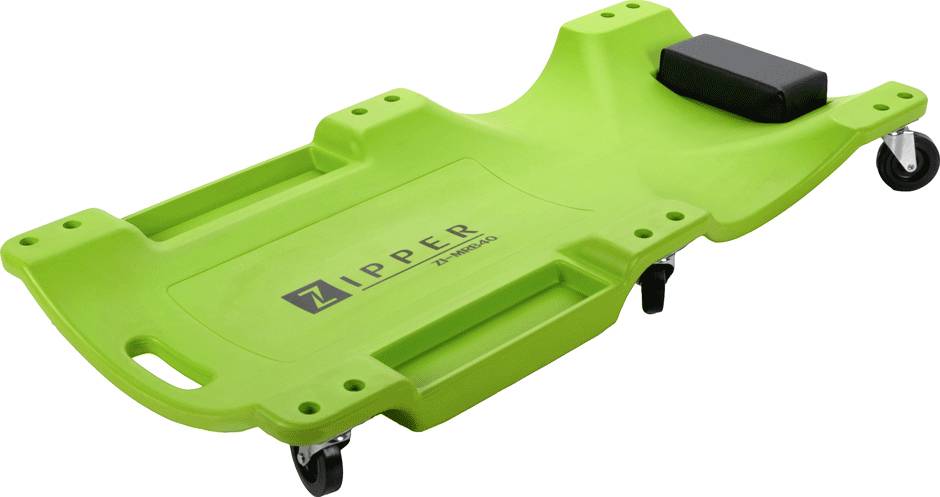 A green mechanic's creeper with four wheels and a padded headrest, labeled 'Zipper'.