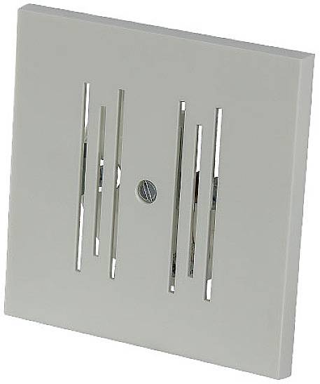 White cover plate with vertical slots and a screw in the centre, presumably for covering a speaker or ventilation shaft.