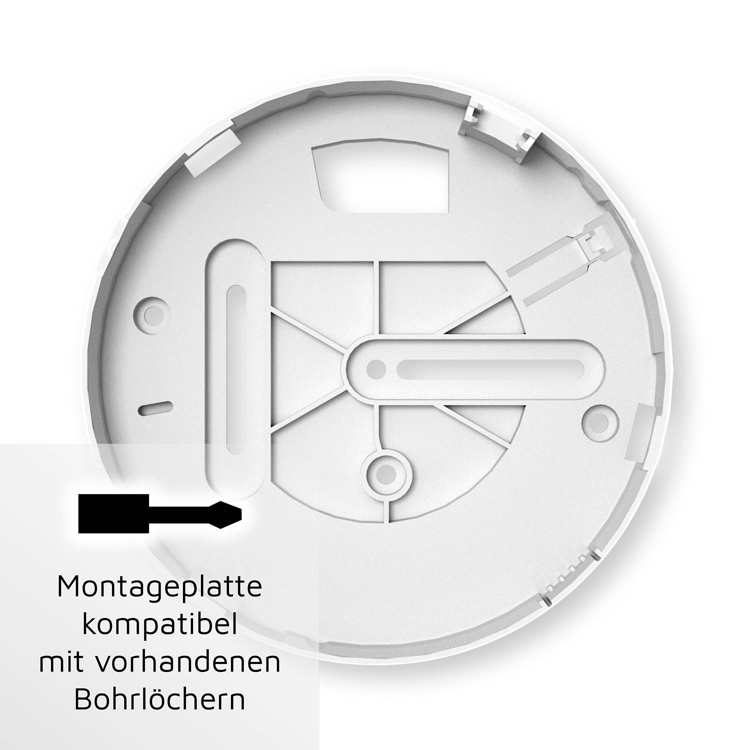 Round mounting plate with marked fixing holes and note: 'Mounting plate compatible with existing drill holes'.