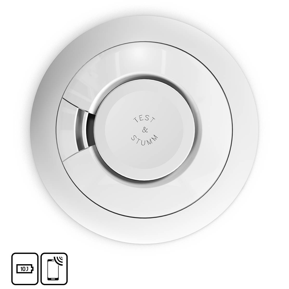 A round smoke detector with 'Test & Mute' text in the centre. Symbols on the bottom left: 10-year battery and wireless connection.