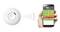 A smoke detector sends a signal to a mobile phone. Various status updates are displayed on the mobile phone screen.