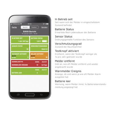 A smartphone displays a screen with a status report for a smoke detector. It provides details on battery level, sensor status, and warning messages.