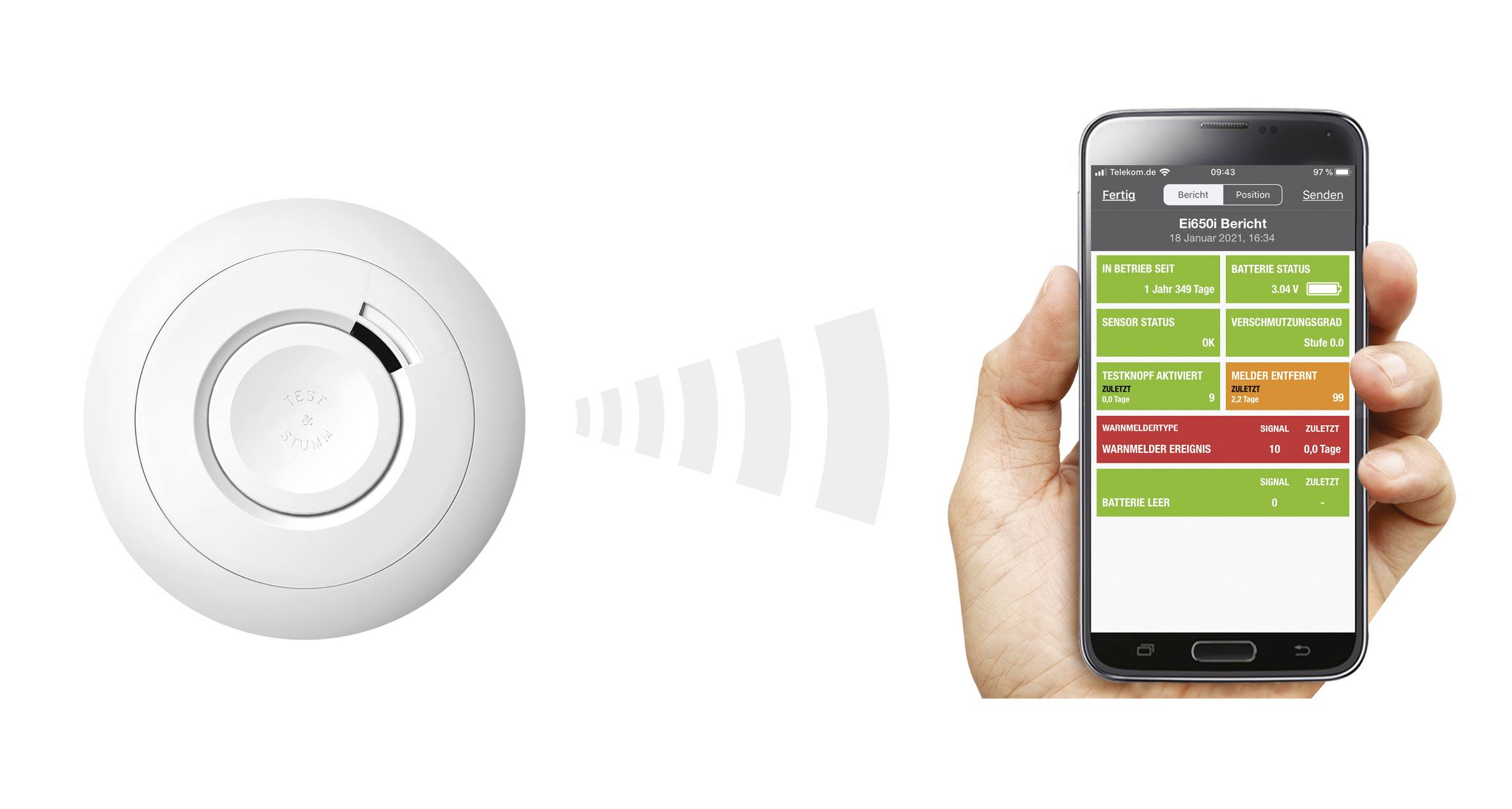 A smoke detector communicates wirelessly with a smartphone, displaying device status such as battery level, sensors, and alerts.