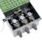 An open, waterproof socket box with three sockets and wiring. The box is made of plastic with a green lid.