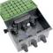 Black junction box with an open green lid; contains multiple cable glands. Suitable for electrical installations in outdoor areas.