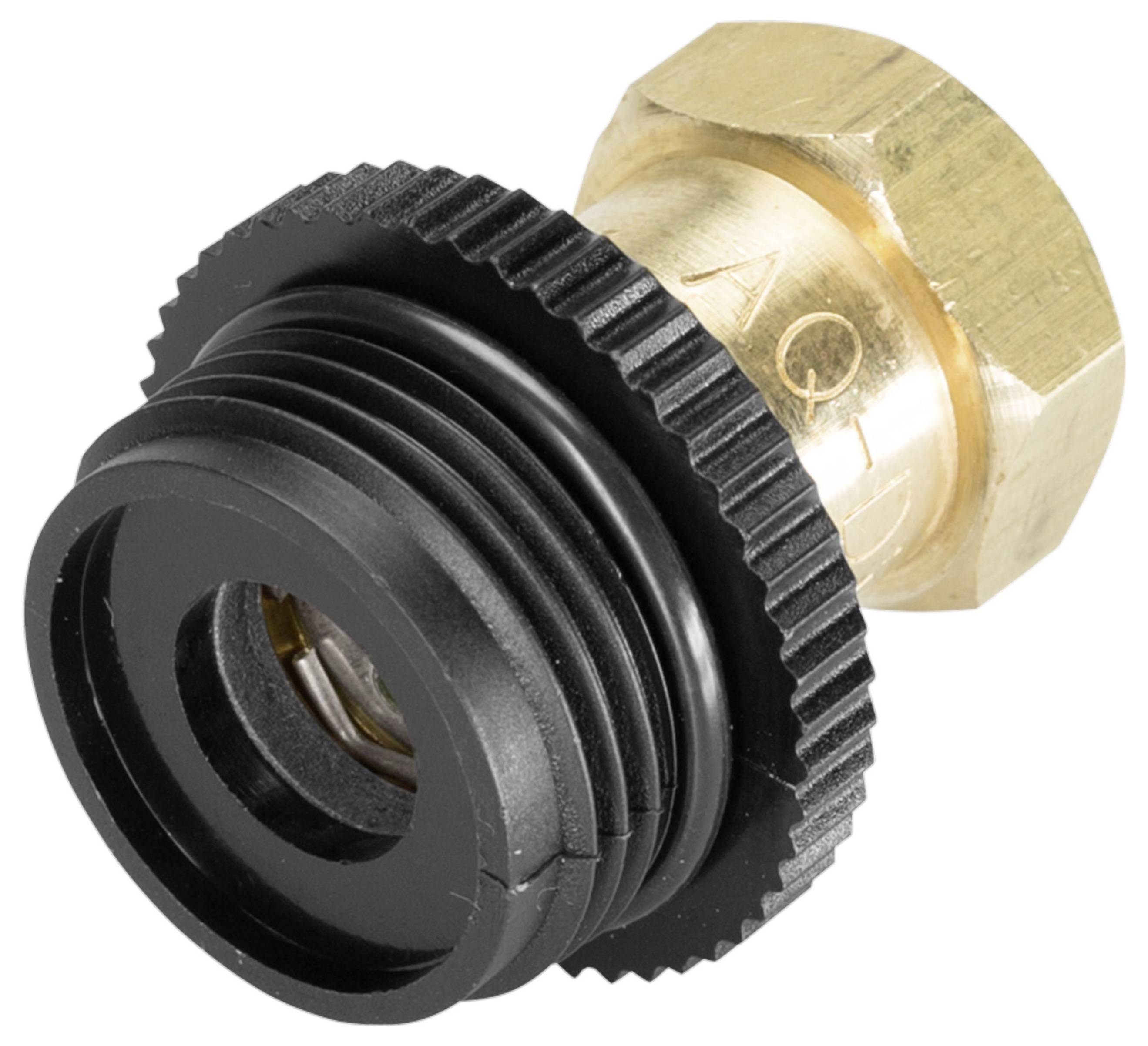 A brass threaded adapter with a black plastic coating. Suitable for connecting garden hoses.