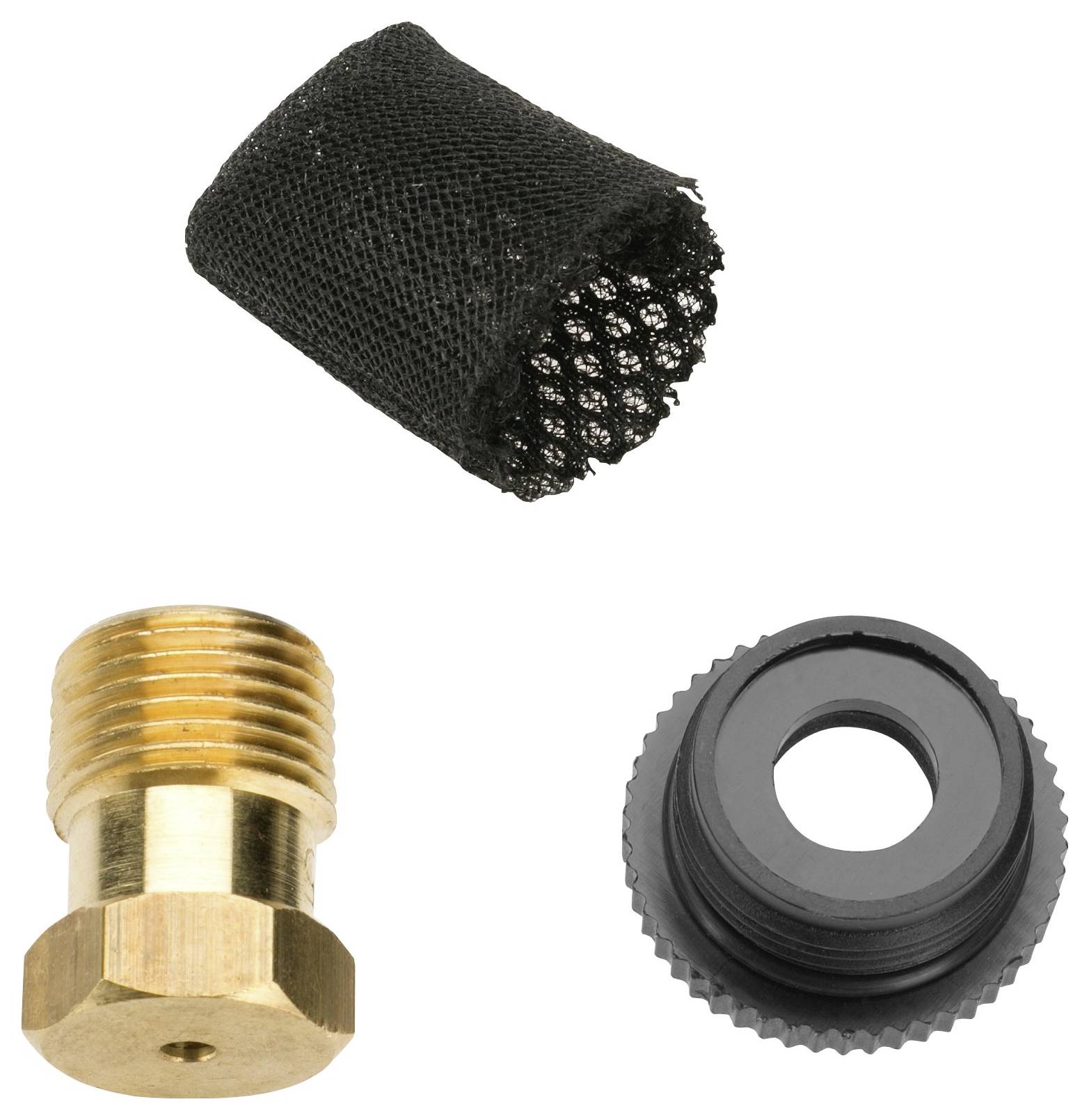 'Three parts: A black mesh cylinder, a brass-coloured adapter with threading, and a black threaded insert.'