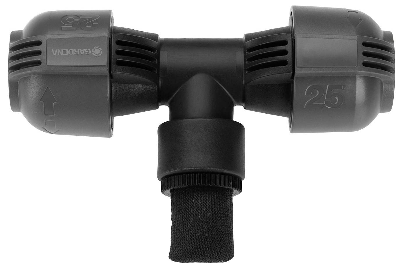 A black T-shaped pipe system with '25' inscription and marking. The system shows arrows for correct installation.
