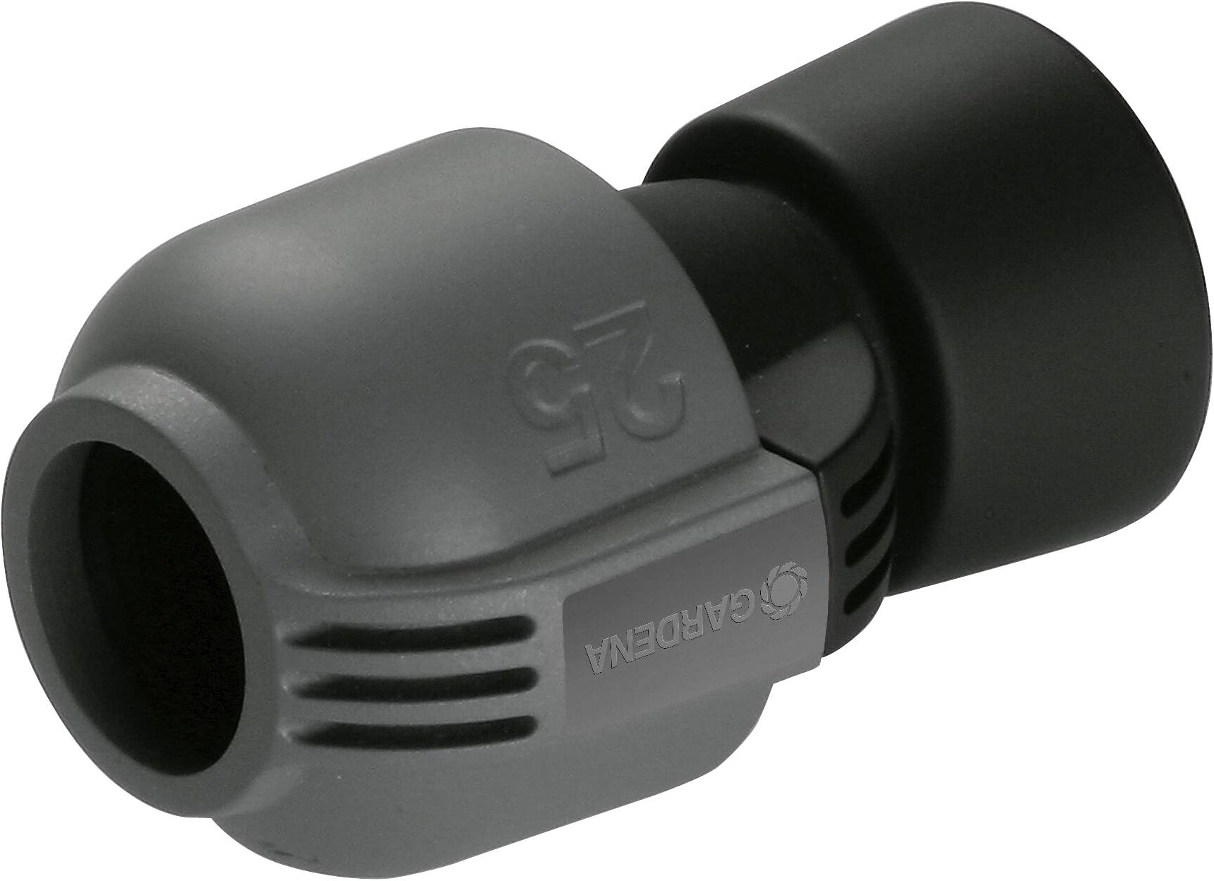 A grey Gardena plastic hose connector with a black end piece, suitable for irrigation systems and garden hoses.