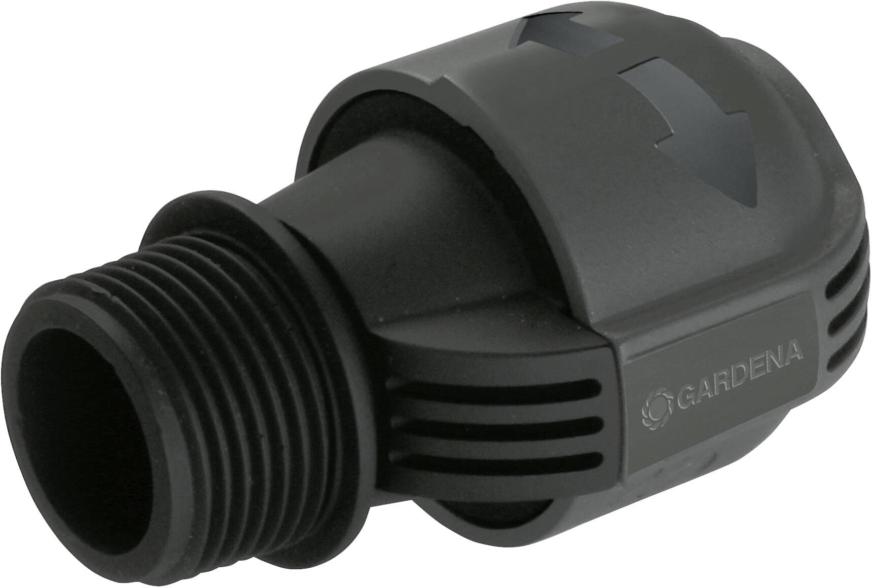 A black hose connector with threading and arrows indicating flow direction, brand name on the side.