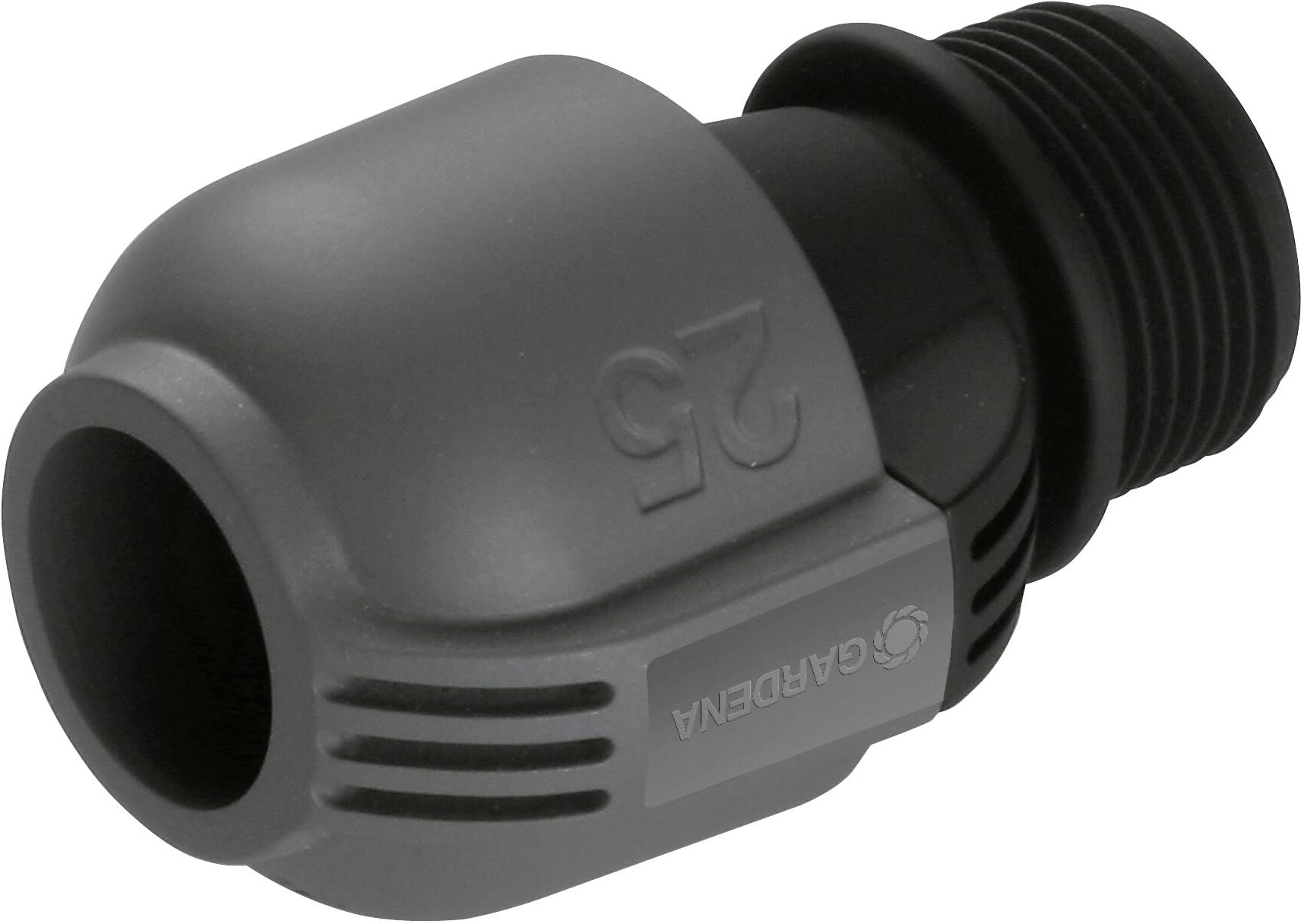 A grey and black plastic connector with the print '25' and the 'Gardena' brand, for connecting hoses.