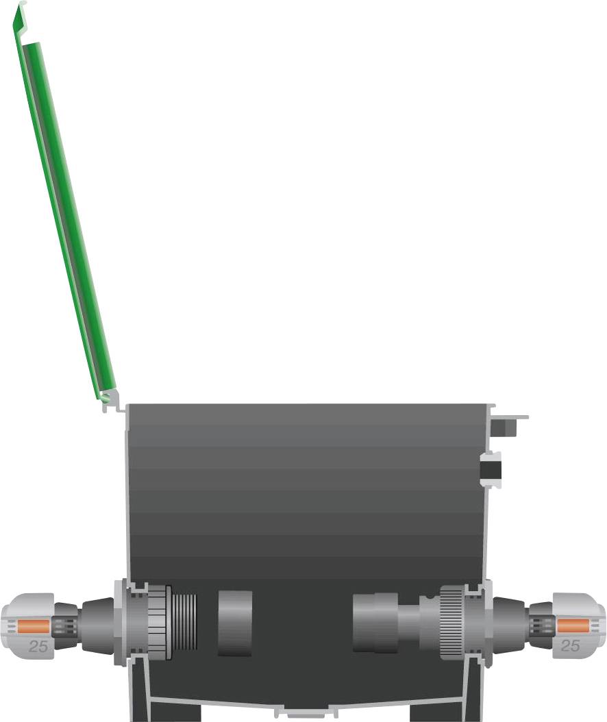 A cross-section of a mechanical device with gears and bolts; on the left is a green, upward-opening flap.