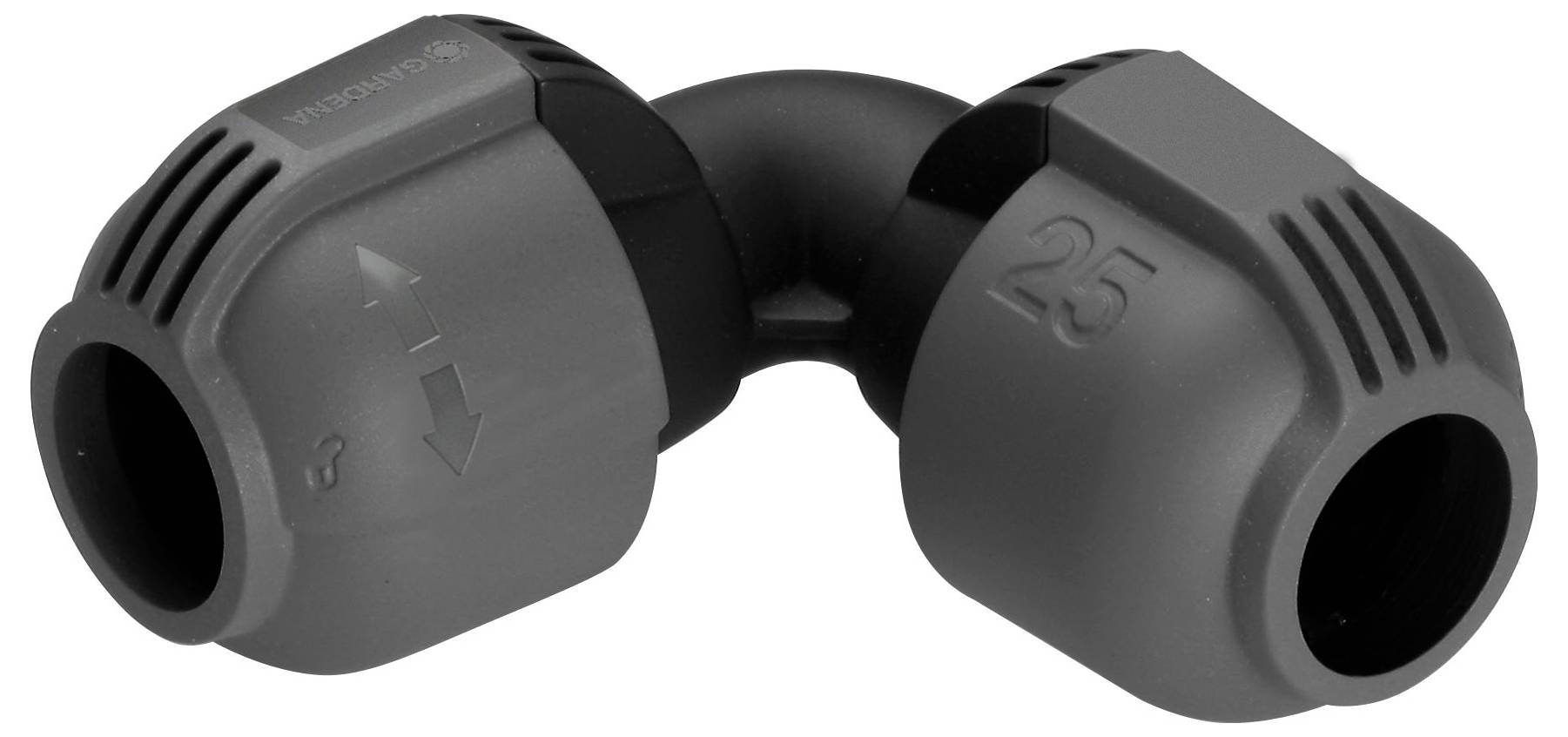 Grey plastic angle connector with two openings, curved. Markings and arrows are visible on the surface.