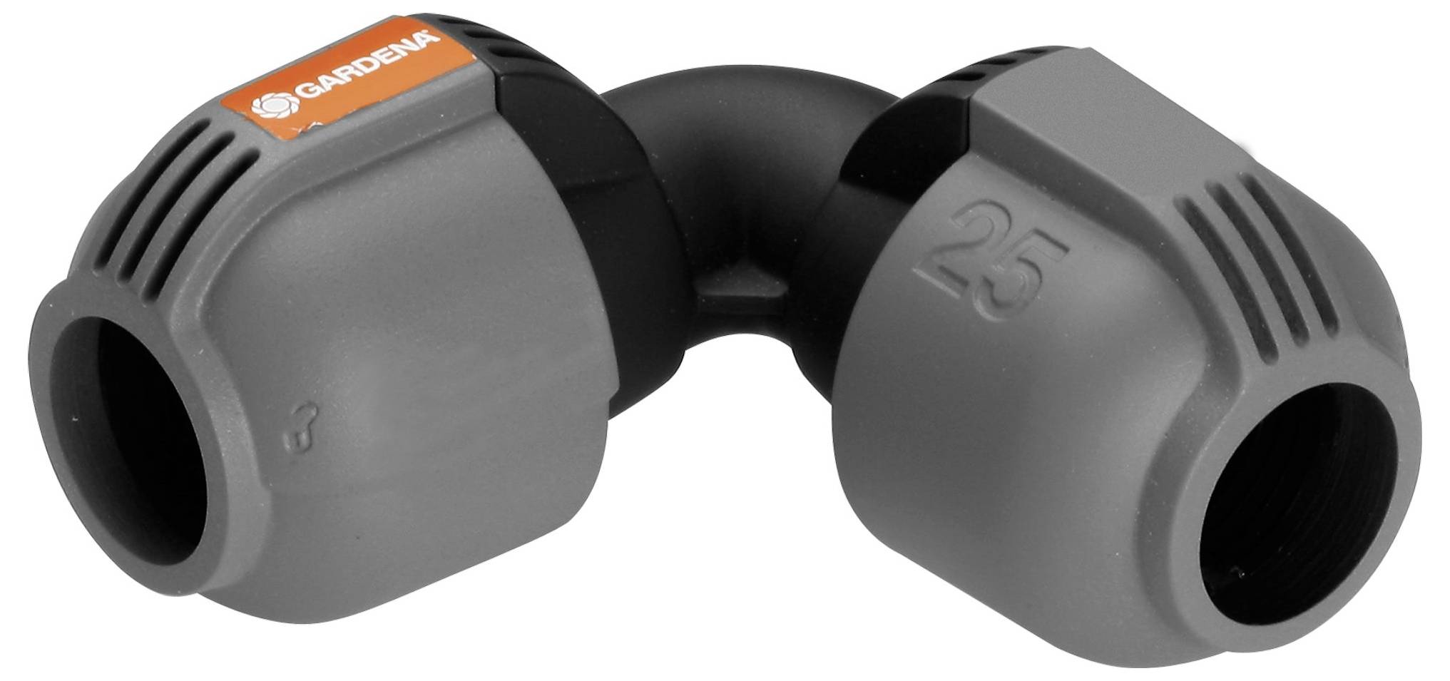 Black and grey pipe connector with a 90-degree angle and '25' embossing, brand logo visible on red label.