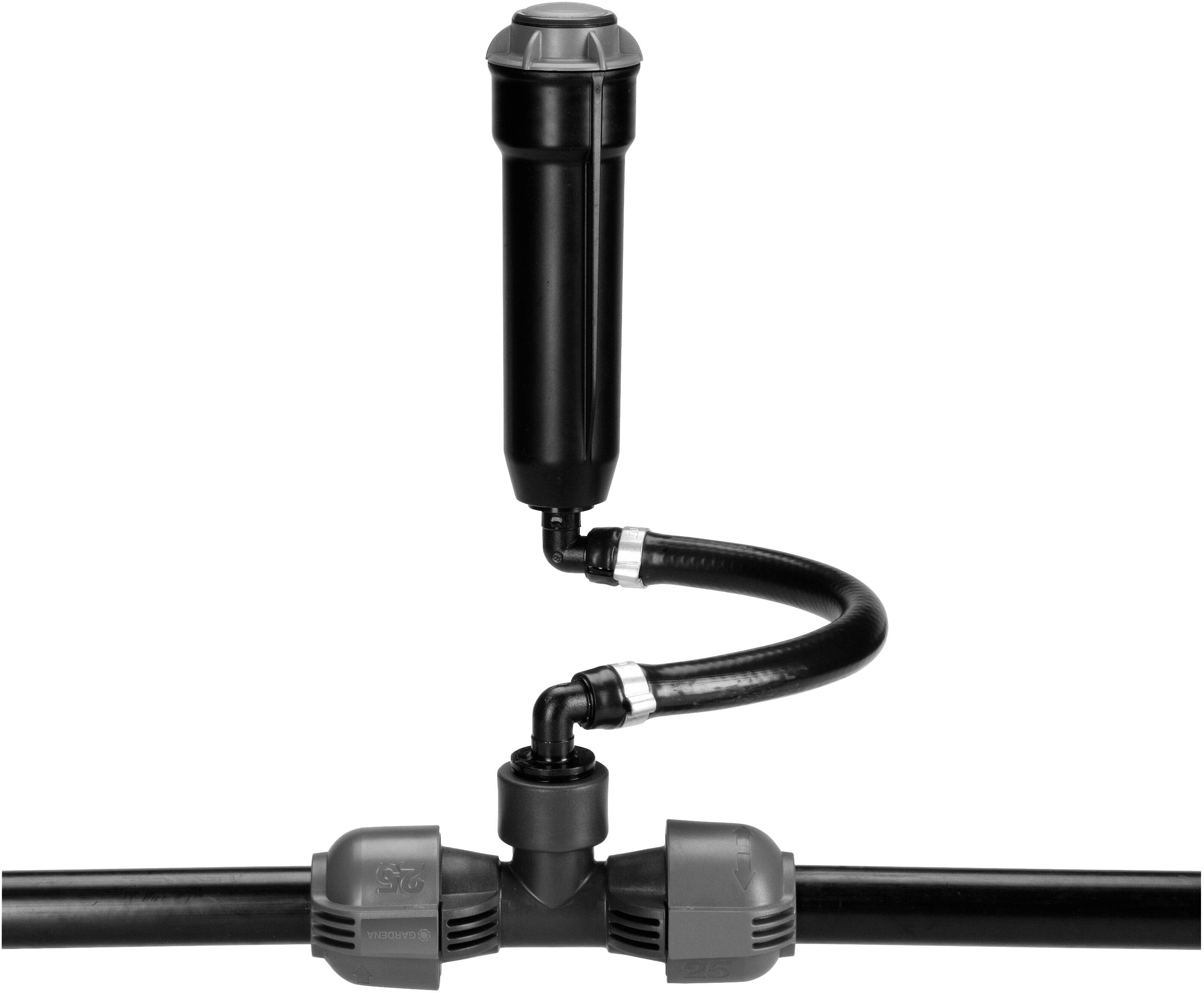 A black water filter module with two grey connecting pieces is fitted to a piping system.