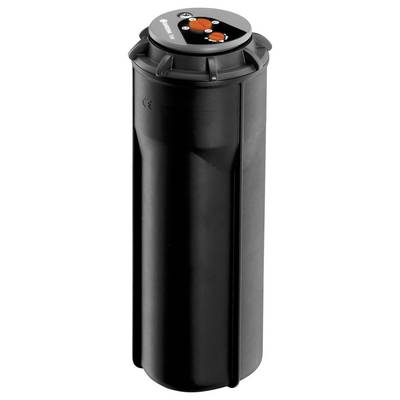 Black plastic cylinder with two orange buttons and a red button on a black control panel at the top.