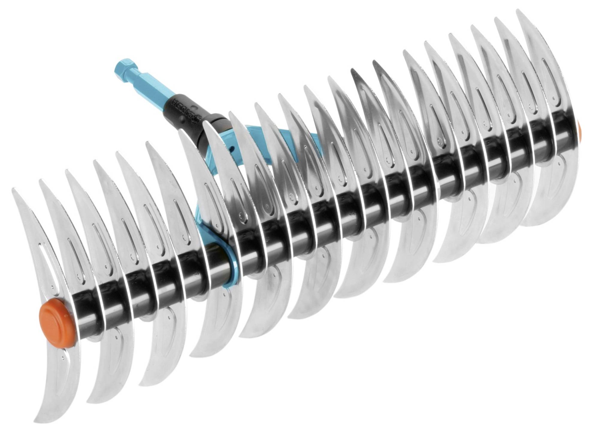 A lawn aerator roller with numerous silver tines and a blue fixing piece, designed for aerating and maintaining lawn areas.