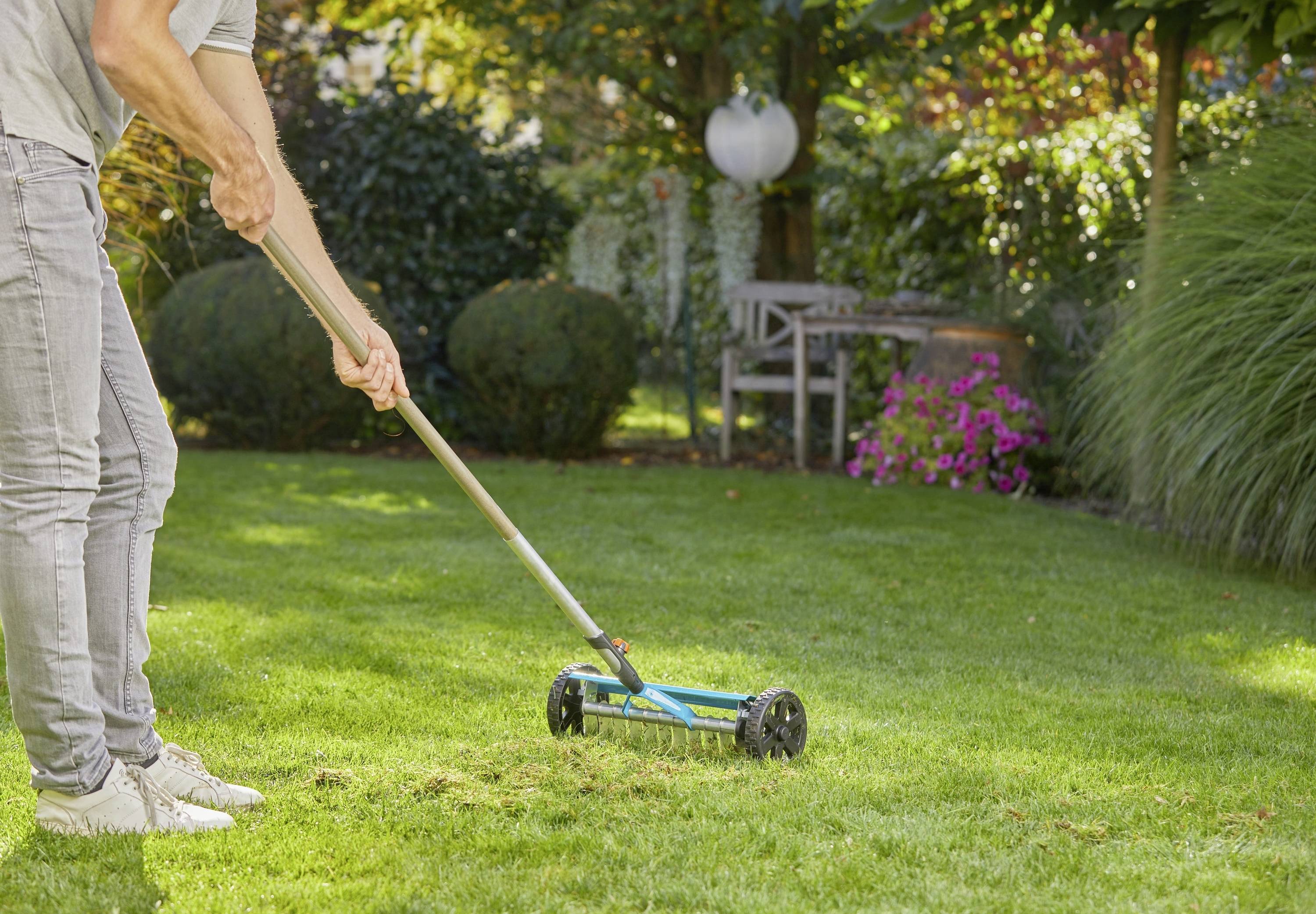 A person is mowing the grass with a manual lawnmower in a garden. Shrubs and flowers can be seen in the background.