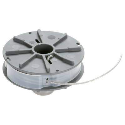 A grey plastic spool with wire wound around it.