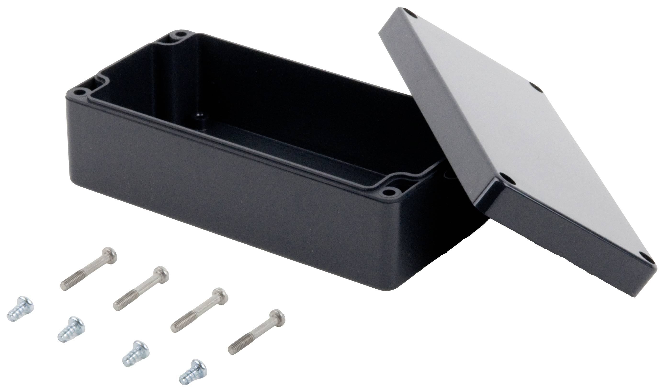 Black rectangular plastic enclosure, open, with lid removed. Six screws are placed beside it.