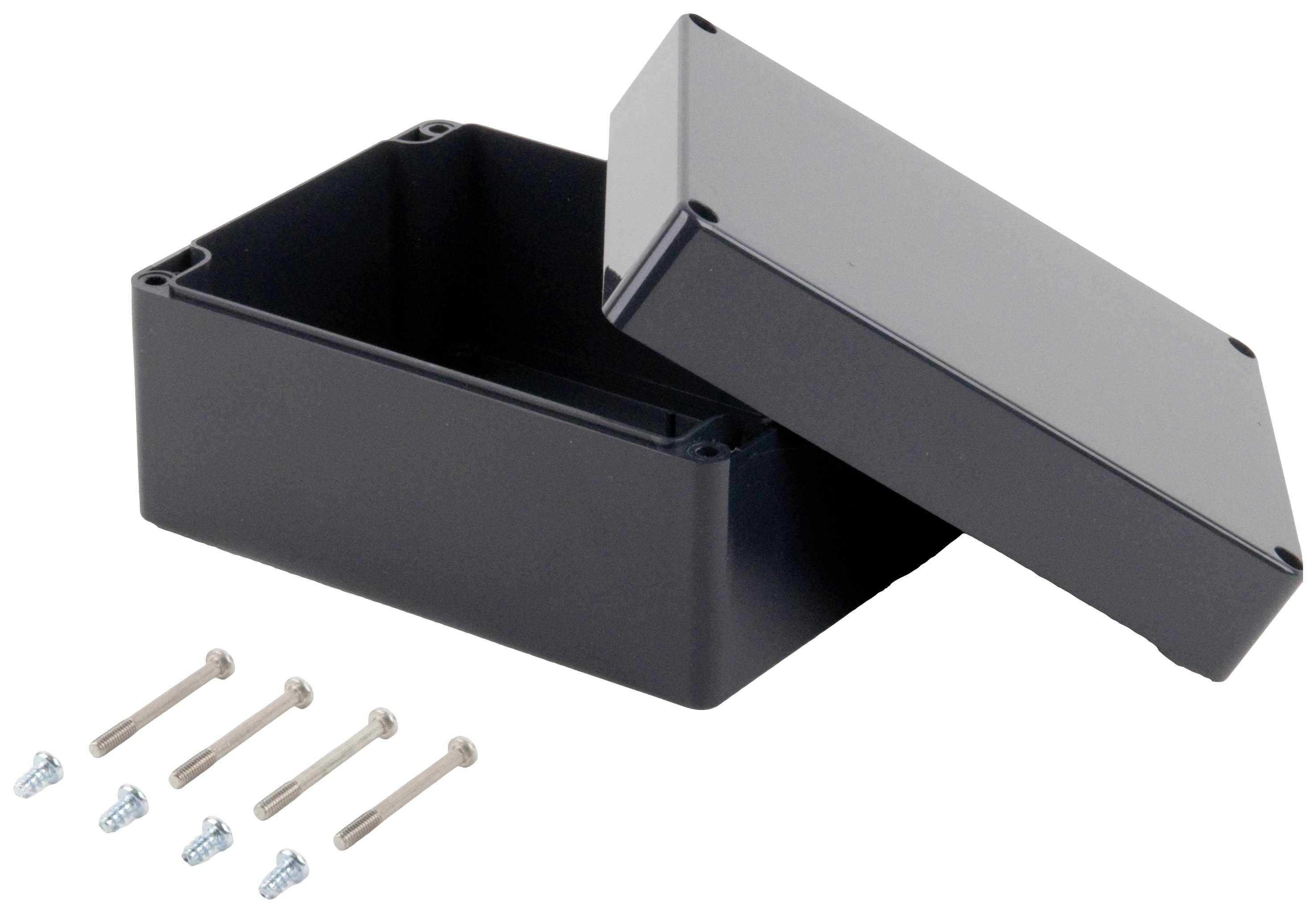 A rectangular black enclosure with a removable lid and four screws in front, suitable for electronic projects.