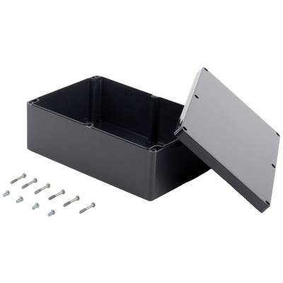 Black rectangular plastic enclosure with a removable lid, seven silver screws beside it. Suitable for electronic projects.