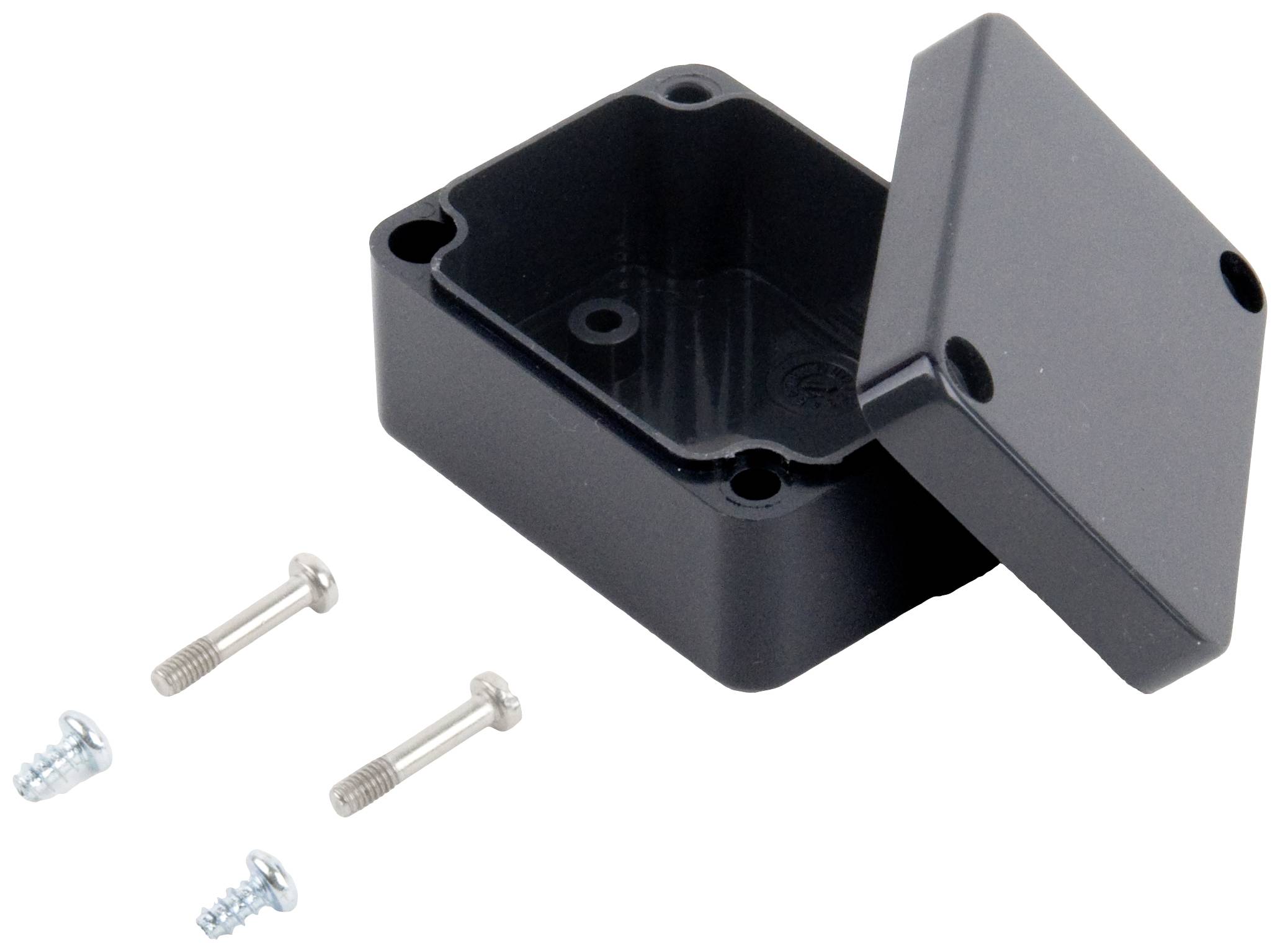 Black plastic housing with a removable lid, suitable for electronic components. Two fixing screws are shown.
