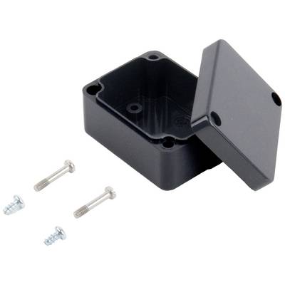 Black plastic housing with a removable lid, suitable for electronic components. Two fixing screws are shown.