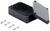 A rectangular black plastic enclosure with a removable lid lies open. Four silver screws are positioned beside it.