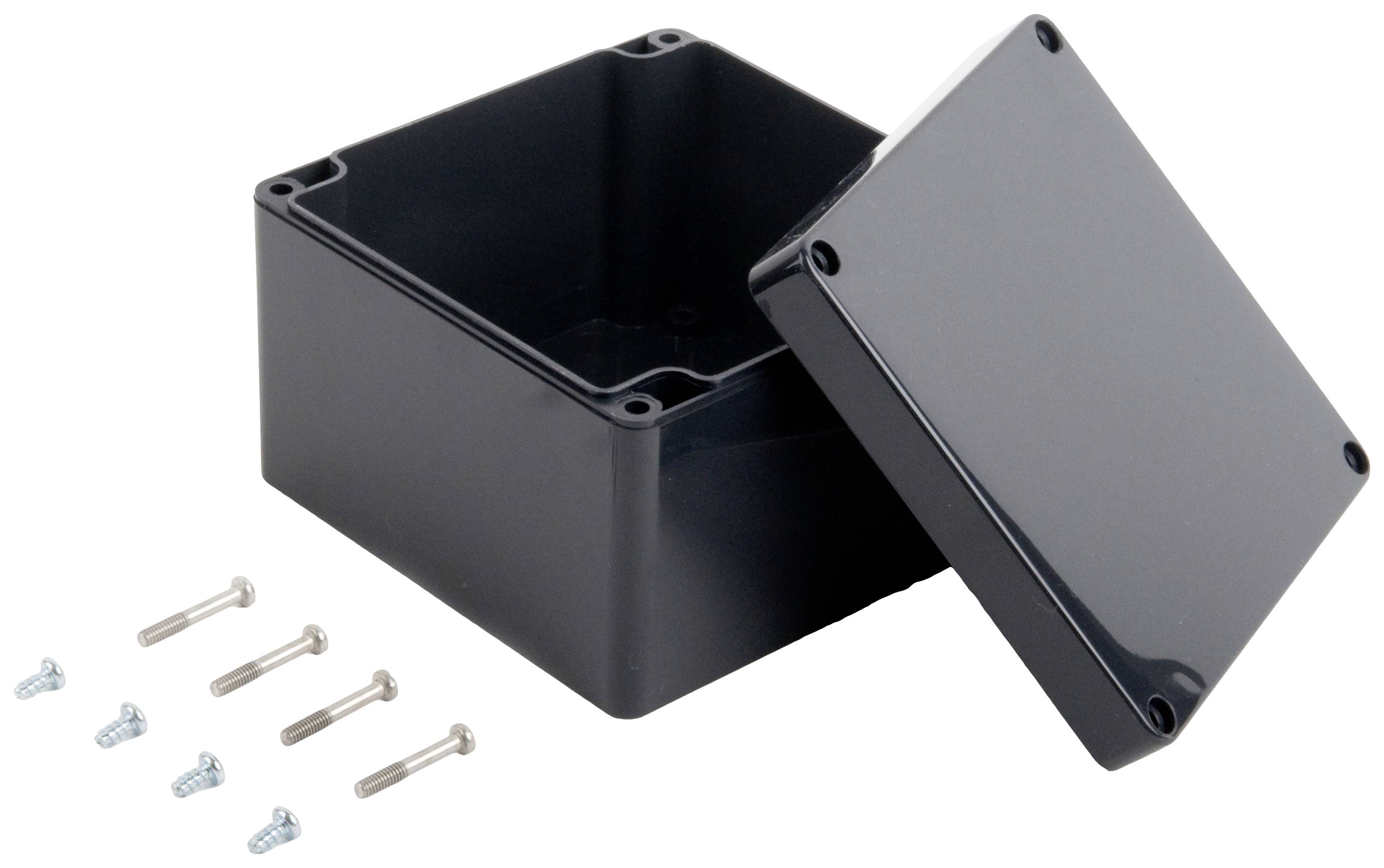 Black plastic enclosure with a removable lid. Six screws are placed beside it for securing. Suitable for electronic projects.