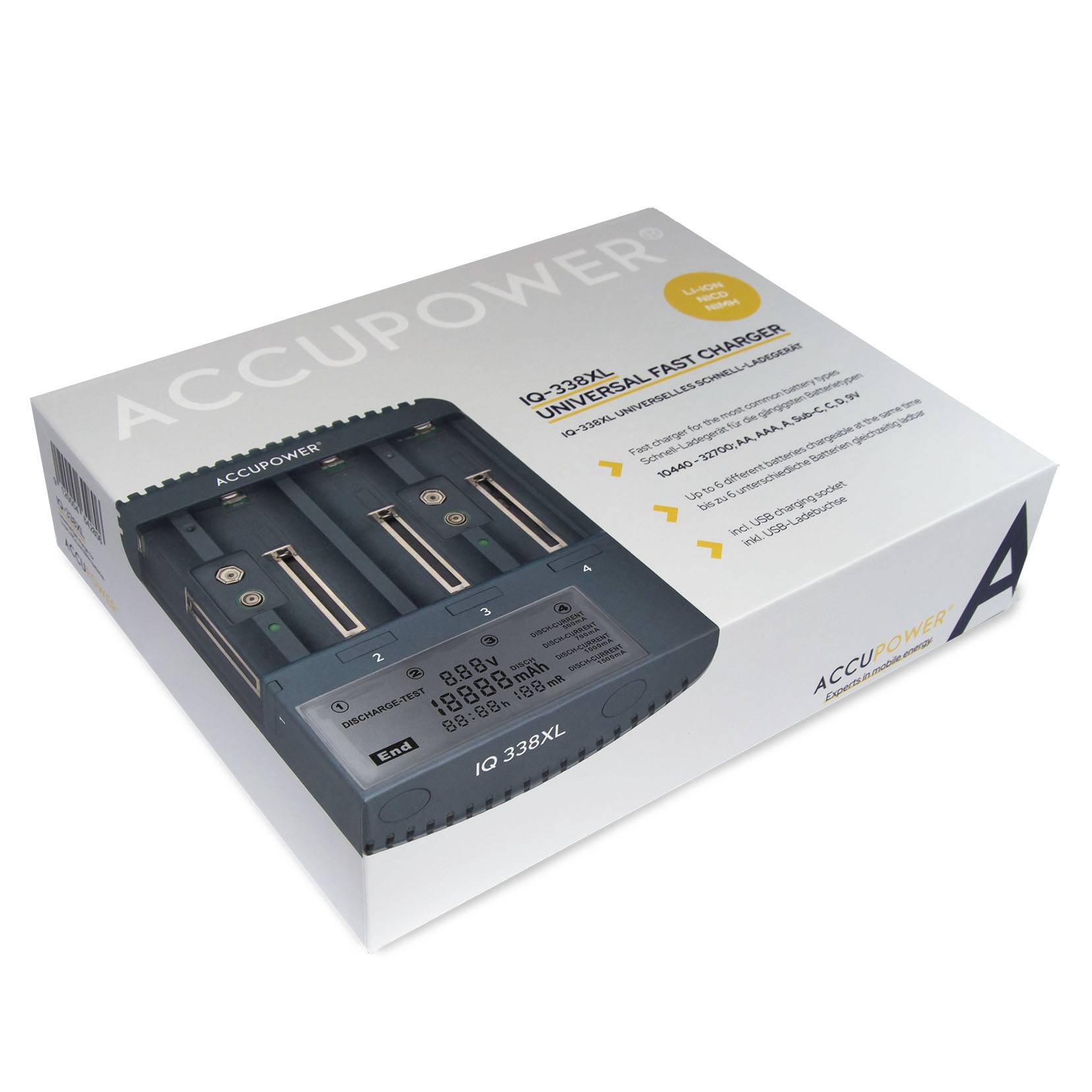 A product packaging for the 'AccuPower IQ-328XL Universal Fast Charger' with illustrations and specifications on the front.