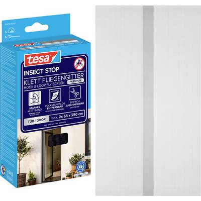 Package of tesa Insect Stop hook-and-loop fly screen for a door, shown with a white mesh screen panel on the right.<br>