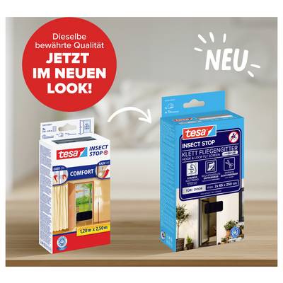 Tesa insect stop product shown with old and new packaging, labeled 'NEU' and 'Dieselbe bewährte Qualität JETZT IM NEUEN LOOK!' with an arrow indicating redesign.