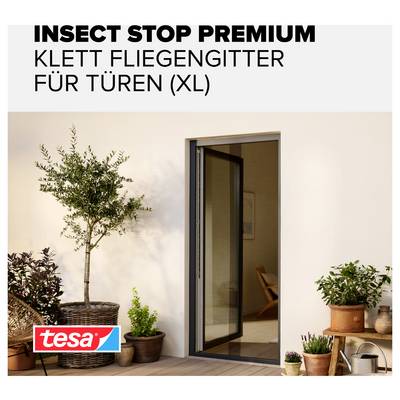 Product ad showing an insect screen door for an XL doorway, with the text 'INSECT STOP PREMIUM KLETT FLIEGENGITTER FÜR TÜREN (XL)' and tesa branding.