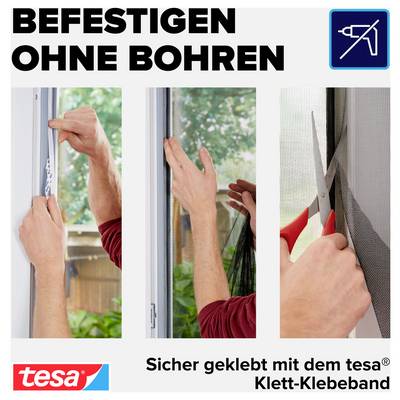 Ad for tesa Velcro adhesive tape: 'Befestigen ohne Bohren' with photos of hands installing and cutting tape on a window screen.