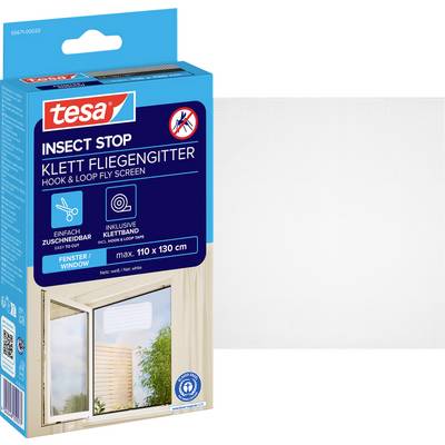 Tesa Insect Stop hook-and-loop fly screen for windows, shown on product packaging with a window example and size max. 110 x 130 cm.