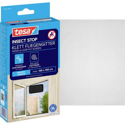 Tesa Insect Stop hook-and-loop fly screen for windows, shown on product packaging with 'max. 130 x 150 cm' and window installation icons.