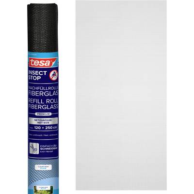 Roll of Tesa 'Insect Stop' fiberglass refill mesh in black, shown next to a gray screen sample.