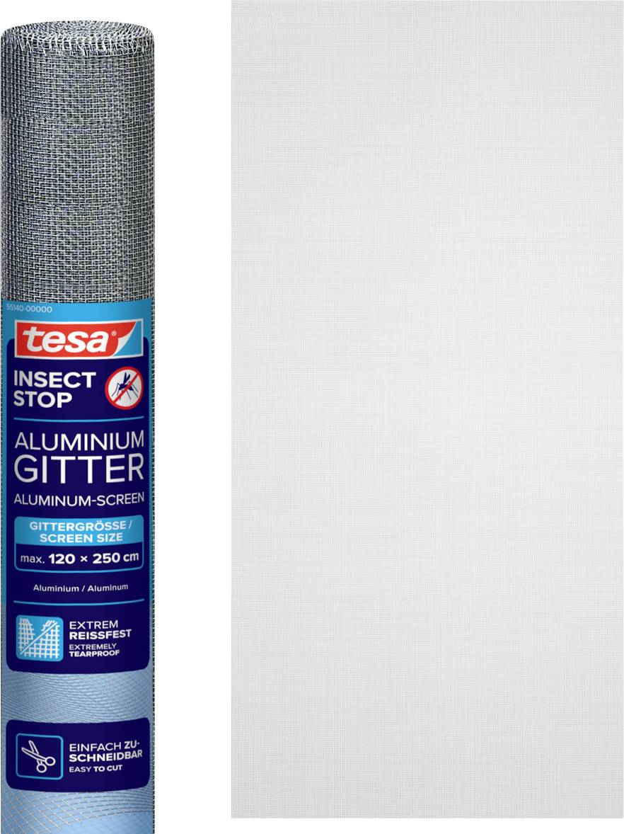 Roll of tesa Insect Stop aluminium screen mesh, shown in packaging beside a sample of the fine silver mesh material.<br>