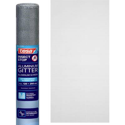 Roll of tesa Insect Stop aluminium screen mesh, shown in packaging beside a sample of the fine silver mesh material.<br>