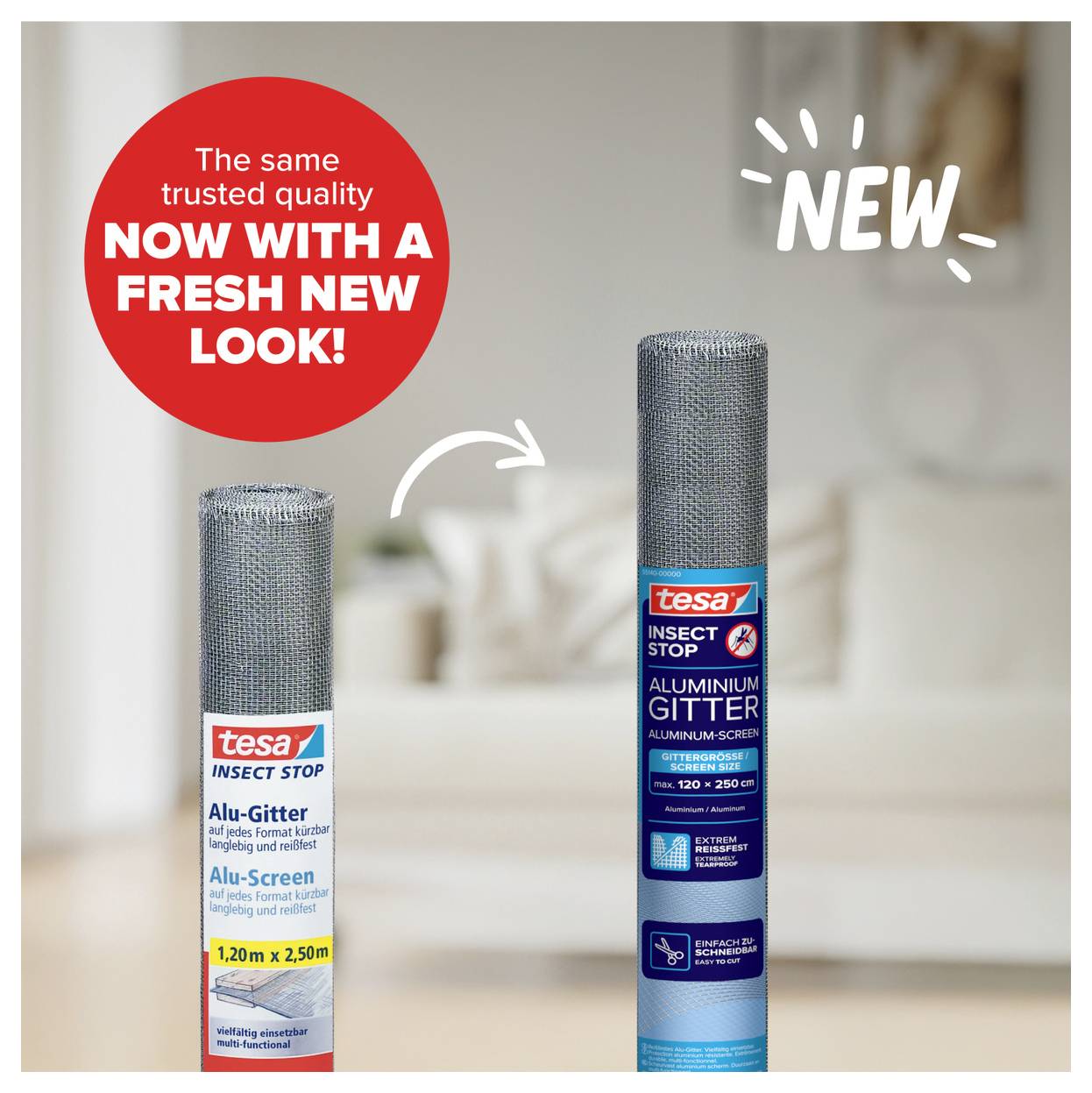 Advertising graphic for tesa Insect Stop: on the left the old aluminium screen roller, on the right the new aluminium mesh roller with arrow and notice 'NEW'; text emphasises fresh new design.
