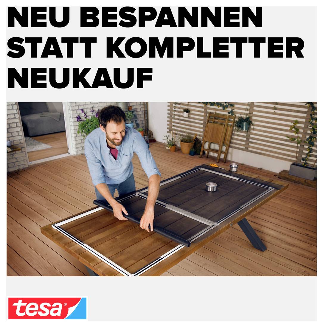 Advertising poster featuring a man re-stretching a fly screen frame; text: 'RE-SCREEN INSTEAD OF BUYING A NEW ONE COMPLETELY', tesa logo at the bottom.