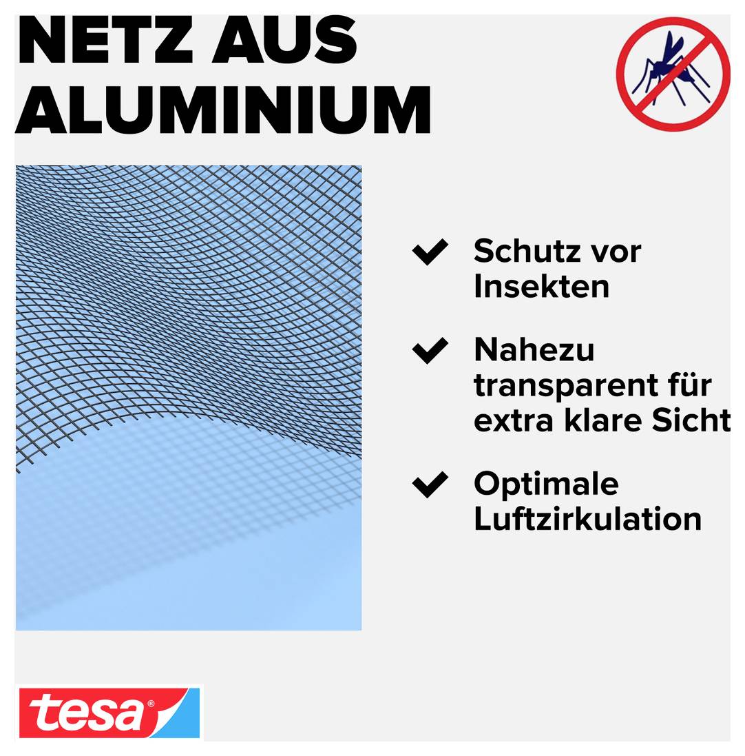 Advertising for 'Aluminium mesh' by tesa with insect protection, nearly transparent view and optimal air circulation.