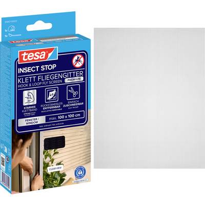 Product image of a Tesa Insect Stop hook-and-loop fly screen kit, showing blue packaging and a white mesh screen panel for a window, max 100 x 100 cm.