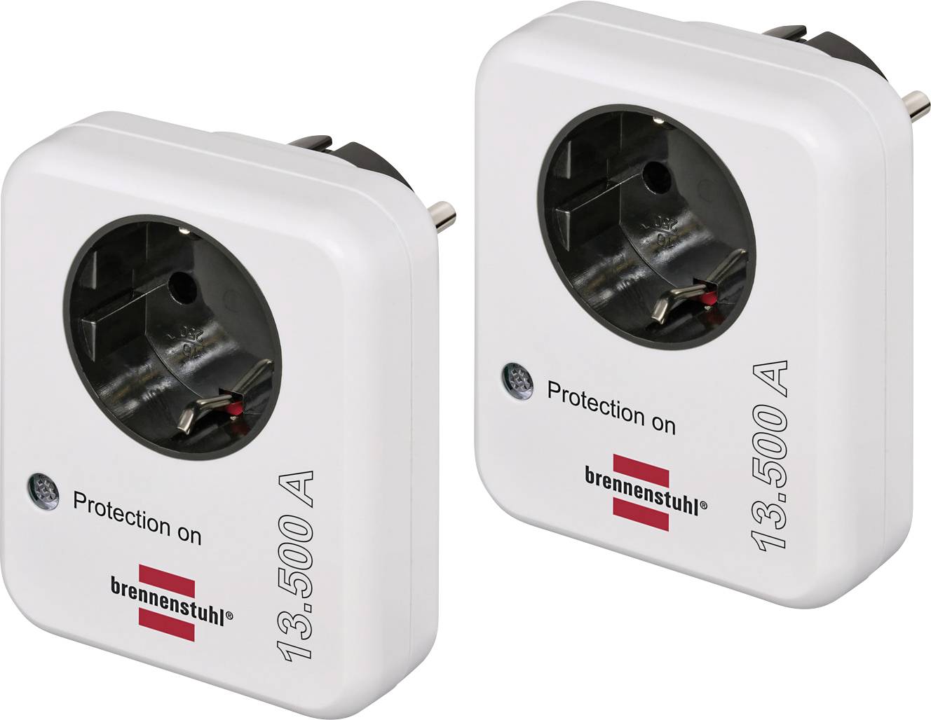 Two white plug-in surge protectors with grounded sockets, labeled 'Protection on' and '13,500 A'.