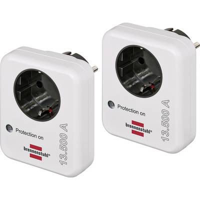 Two white plug-in surge protectors with grounded sockets, labeled 'Protection on' and '13,500 A'.