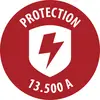 Red circular safety sign with a white shield and lightning bolt, labeled 'PROTECTION' and '73.500 A'.